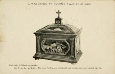 1 vue  - SAINT LUCIUS ET ÉMÉRITE PRIEZ POUR NOUS - 849. A.G.A. - ABZAC - Un des Reliquaires donnés par le Duc de Mortemart, en 1762 (ouvre la visionneuse)